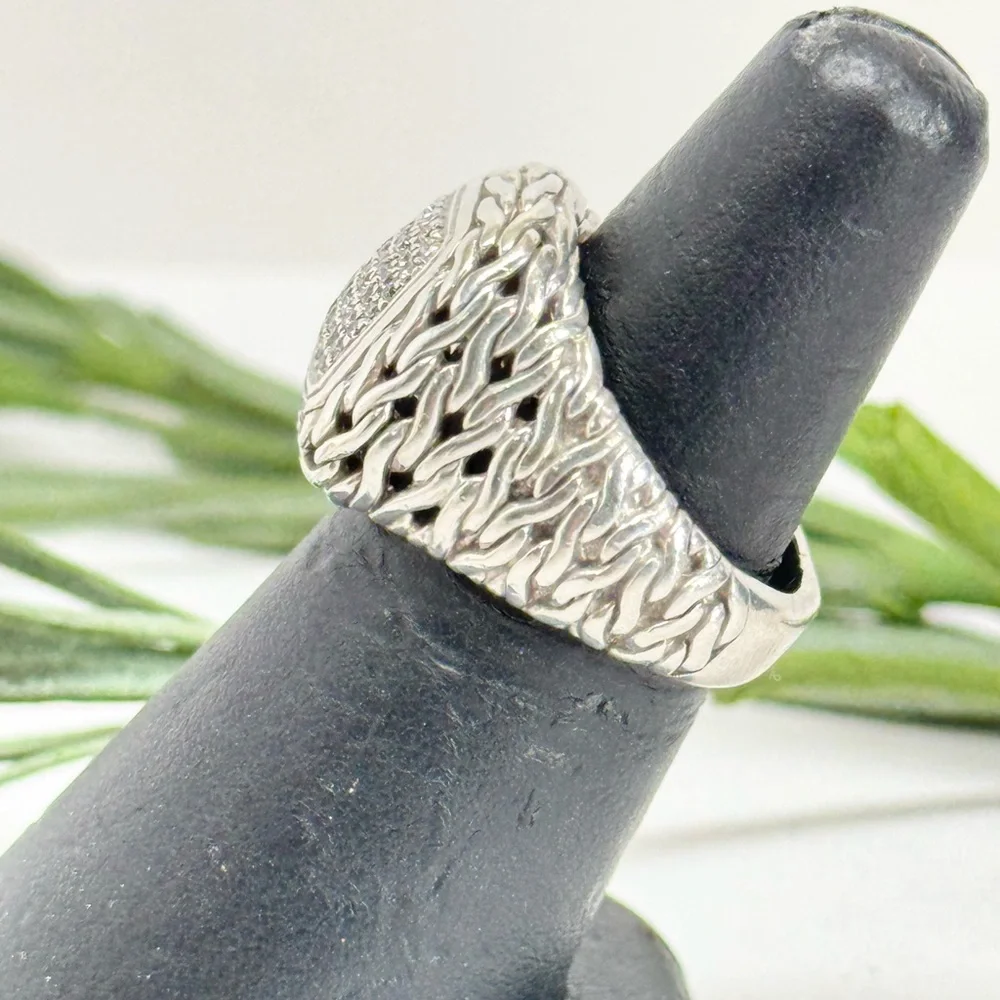 John Hardy Classic Chain Diamond Ring .925 Sterling Silver